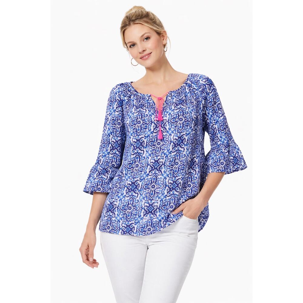 Milly for Design Nation Peasant Blouse XL Blue White Print Boho Tassel Tie Top